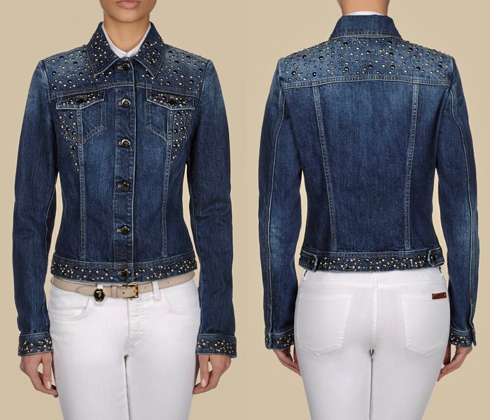 (4) Trussardi Stone Washed Denim Fitted Jacket w Metallic Studs Embellishments - Trussardi 2013 Spring Womens Made in Denim Picks - Jeanswear Jackets, Outerwear, Vests & Blouses TopsMade in Denim Finds #MadeInDenim #DenimFinds - Accessories, Headgear, Footwear, Shoes, Bags, Toys and Products Made in Denim, Denim Outerwear (coats, parkas, capes, jackets, vests and more), Quirky & Cool Finds