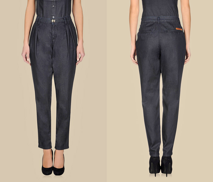 (5) Trussardi Slouchy Fit Mid Rise Fresh Touch Denim Trousers w Double Darts - Trussardi 2013 Spring Womens Made in Denim Picks - Jeanswear Jackets, Outerwear, Vests & Blouses TopsMade in Denim Finds #MadeInDenim #DenimFinds - Accessories, Headgear, Footwear, Shoes, Bags, Toys and Products Made in Denim, Denim Outerwear (coats, parkas, capes, jackets, vests and more), Quirky & Cool Finds
