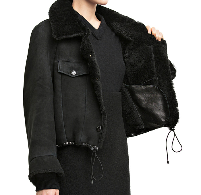 Acne Studios Move black Unlined Shearling Jacket Denim Details - Womens 2014 Pre Fall Autumn Fashion Collection Made in Denim Jeans Style Finds - Lamb Fur Raglan Sleeves Drawstring Chunky Outerwear Coat - Stockholm Sweden