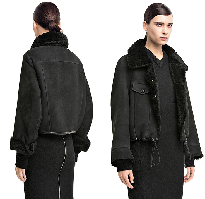 Acne Studios Move black Unlined Shearling Jacket Denim Details - Womens 2014 Pre Fall Autumn Fashion Collection Made in Denim Jeans Style Finds - Lamb Fur Raglan Sleeves Drawstring Chunky Outerwear Coat - Stockholm Sweden