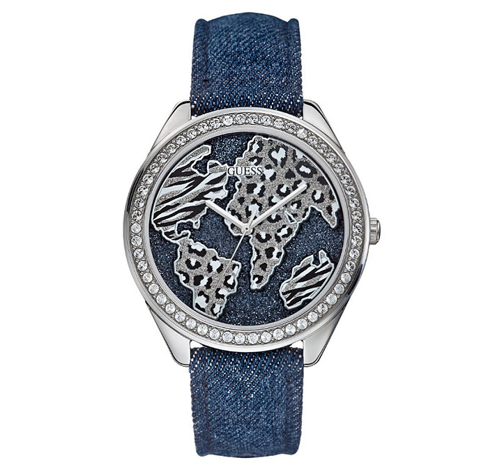GUESS Blue and Silver Tone World of Treasures Watch Glittering Map Animal Print Analog Movement Water Resistant Denim Jeans Print Leather Strap - 2014 High Summer Pre Fall Autumn Fashion Season Collection Accessories - Made in Denim Finds Jeanswear Style