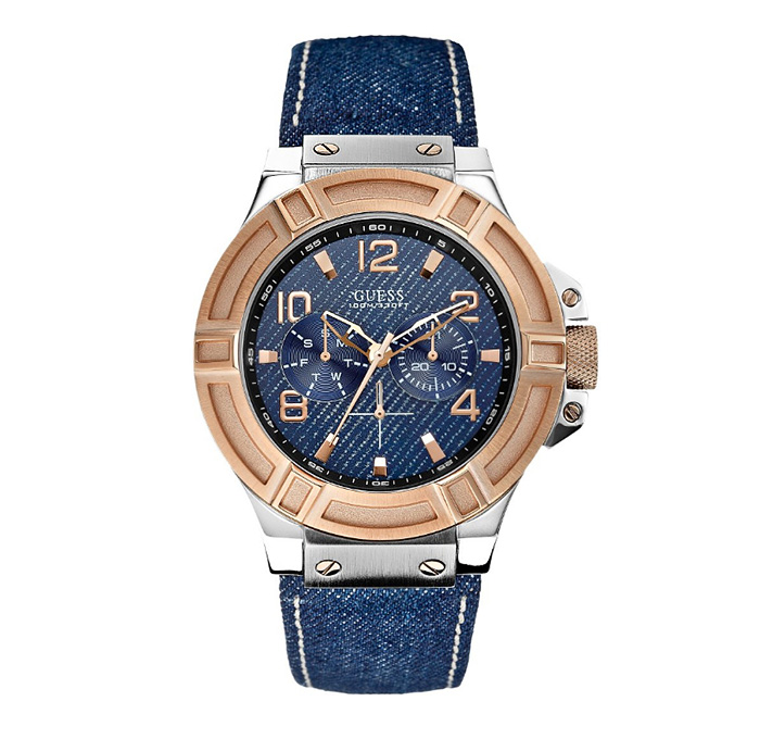 GUESS Denim and Rose Gold Tone Rigor Standout Casual Sport Watch Water Resistant Dark Indigo Blue Denim Patterned Dial Leather Strap - 2014 High Summer Pre Fall Autumn Fashion Season Collection Accessories - Made in Denim Finds Jeanswear Style 