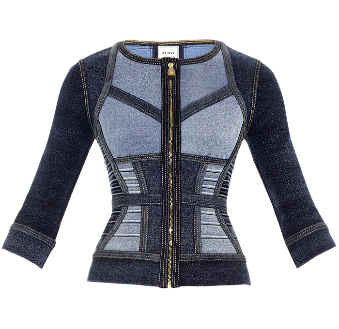 HERVE LEGER by Max Azria Harper New Denim Top, Aja and Gwyn New Denim Dresses - Pseudo Denim Jeans Effect - Womens 2014 Pre Fall Autumn Fashion Season Collection - Made in Denim Style Finds - Bandage Silhouette Colorblock Geometric