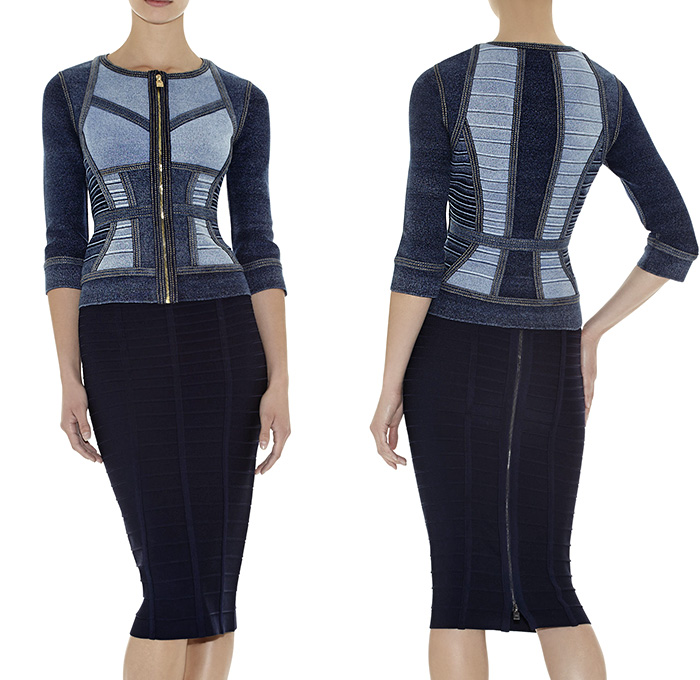 HERVE LEGER by Max Azria Harper New Denim Top, Aja and Gwyn New Denim Dresses - Pseudo Denim Jeans Effect - Womens 2014 Pre Fall Autumn Fashion Season Collection - Made in Denim Style Finds - Bandage Silhouette Colorblock Geometric