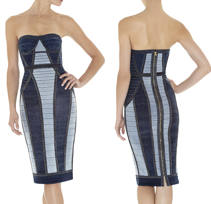 HERVE LEGER by Max Azria Harper New Denim Top, Aja and Gwyn New Denim Dresses - Pseudo Denim Jeans Effect - Womens 2014 Pre Fall Autumn Fashion Season Collection - Made in Denim Style Finds - Bandage Silhouette Colorblock Geometric