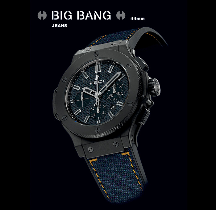 Hublot Mens Big Bang Jeans Ceramic 44mm Self-Winding Chronograph Movement - Genuine Blue Denim Jeans and Mat Black Dial Rodhium Plated Appliques with Black Luminescent - Menswear 2014 Fashion Accessories Made in Denim Style Finds