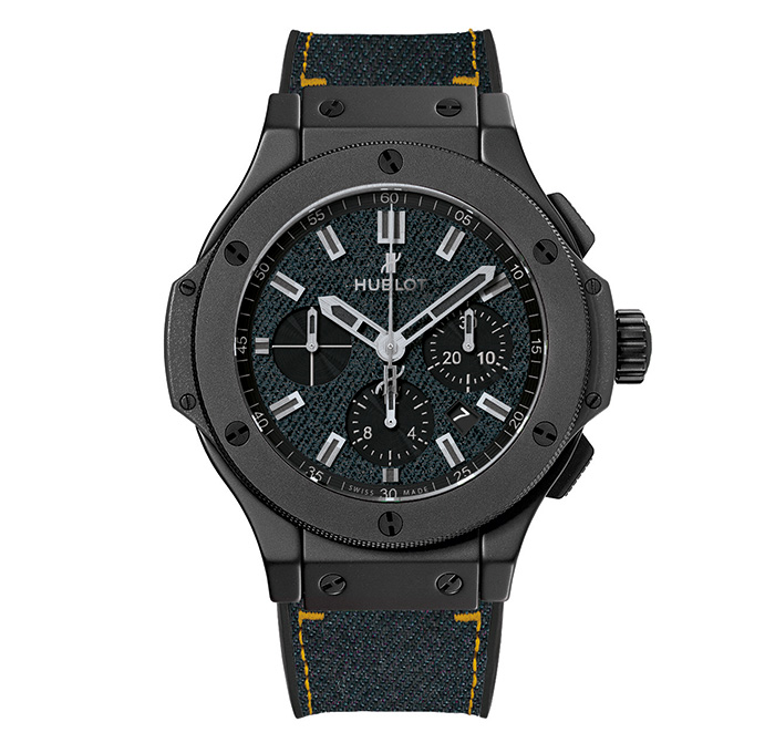 Hublot Mens Big Bang Jeans Ceramic 44mm Self-Winding Chronograph Movement - Genuine Blue Denim Jeans and Mat Black Dial Rodhium Plated Appliques with Black Luminescent - Menswear 2014 Fashion Accessories Made in Denim Style Finds