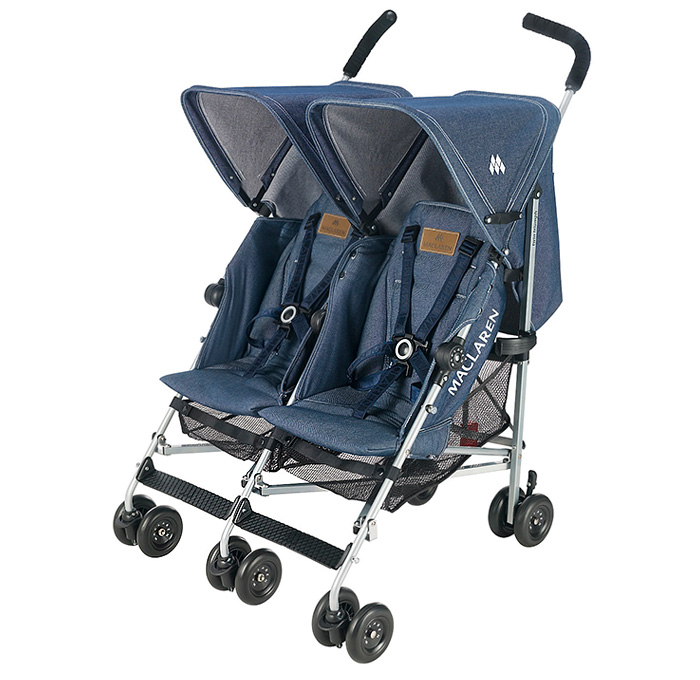 Maclaren Twin Triumph Baby Buggy Strollers - Infant Carriers 2 Seater Harnesses Raincover Hood Shield Reclining Seats - UK British England - Made in Denim Jeans Finds