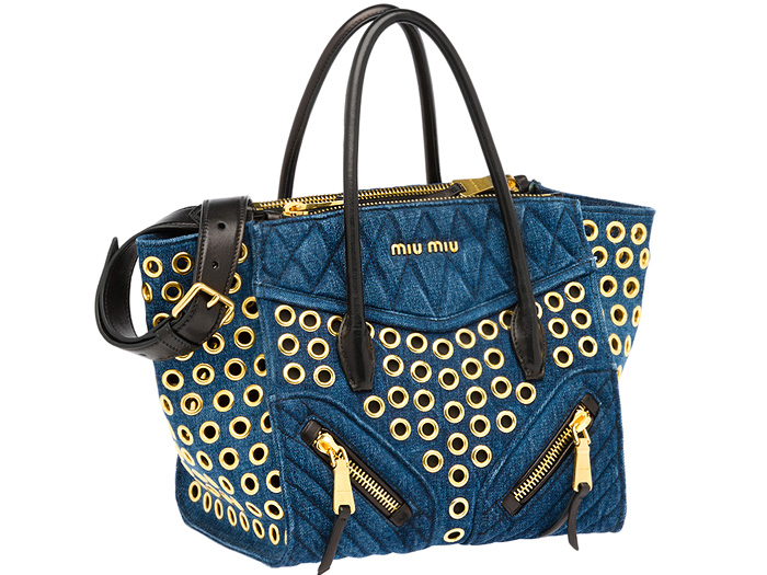 Miu Miu Matelassé Denim Three-Pocket Grommets Biker Tote Bag - Miuccia Prada Milan Italy - 2014 Spring Summer Womens Fashion Made In Denim Jeans Style Finds