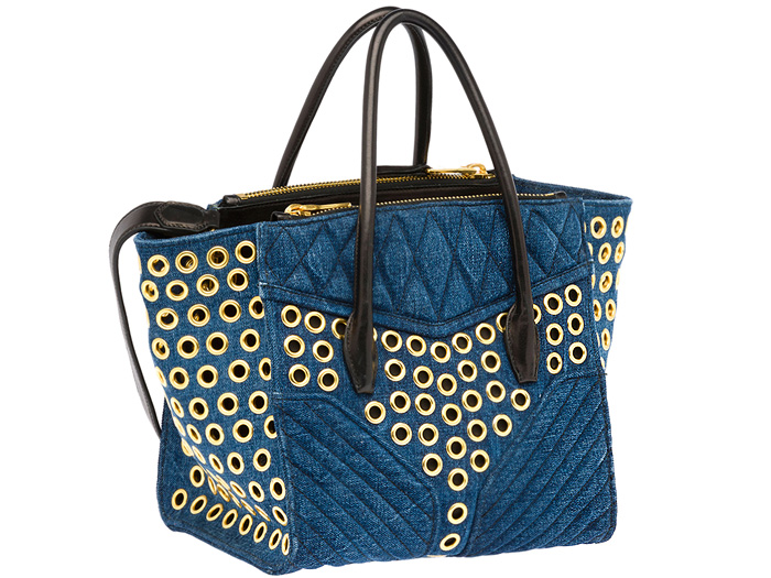 Miu Miu Matelassé Denim Three-Pocket Grommets Biker Tote Bag - Miuccia Prada Milan Italy - 2014 Spring Summer Womens Fashion Made In Denim Jeans Style Finds