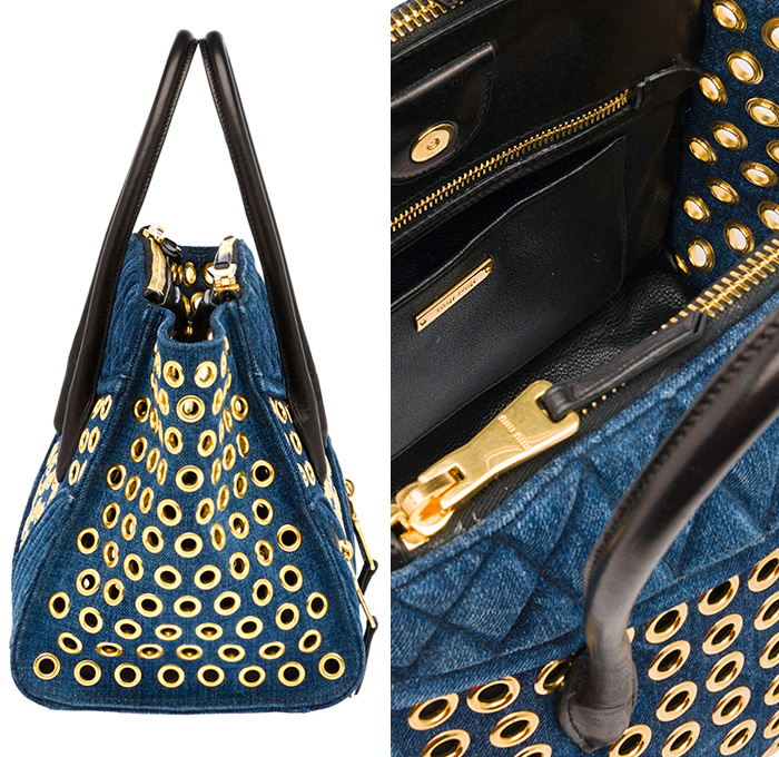 Miu Miu Matelassé Denim Three-Pocket Grommets Biker Tote Bag - Miuccia Prada Milan Italy - 2014 Spring Summer Womens Fashion Made In Denim Jeans Style Finds