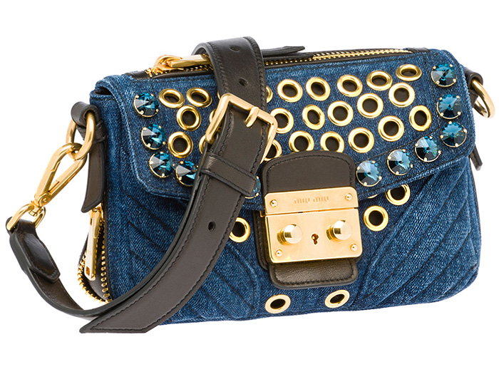 Miu Miu Matelassé Denim Bandoleer Biker Bag Crystal Stud Embellishment Grommets - Miuccia Prada Milan Italy - 2014 Spring Summer Womens Fashion Made In Denim Jeans Style Finds