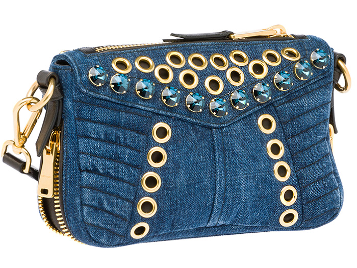 Miu Miu Matelassé Denim Bandoleer Biker Bag Crystal Stud Embellishment Grommets - Miuccia Prada Milan Italy - 2014 Spring Summer Womens Fashion Made In Denim Jeans Style Finds