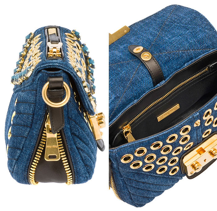 Miu Miu Matelassé Denim Bandoleer Biker Bag Crystal Stud Embellishment Grommets - Miuccia Prada Milan Italy - 2014 Spring Summer Womens Fashion Made In Denim Jeans Style Finds