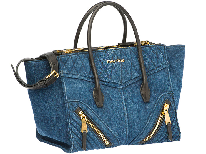 Miu Miu Matelassé Denim Three-Pocket Zipper Biker Tote Bag - Miuccia Prada Milan Italy - 2014 Spring Summer Womens Fashion Made In Denim Jeans Style Finds