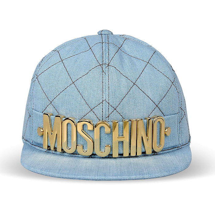 Moschino Womens Denim Quilted Mid Length Bomber Jacket, Skirt & Hat Streetwear Cap - 2014-2015 Fall Autumn Winter Womens Season Fashion Collection - Made in Denim Jeans Friday Style Finds