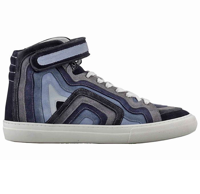 Pierre Hardy Multi-Jeans High Top Sneakers - Shades of Denim Suede Calf Velcro Ankle Strap Laces White Gum Soles Leather Lining - Mens 2014-2015 Fall Autumn Winter Fashion Collection Made in Denim Style Finds
