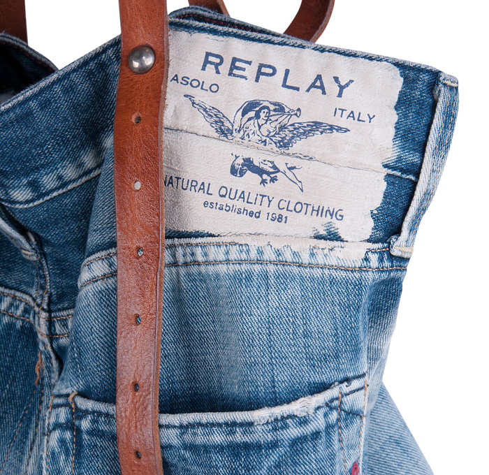 Replay Vintage Denim Jeans Tote Bag Bucket Style - Made in Denim Finds 2014 Spring Summer Womens Collections - Faded Indigo Leather Handles Detachable Strap