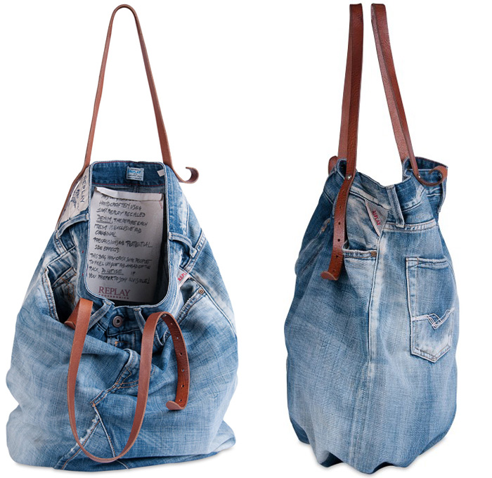 Replay Vintage Denim Jeans Tote Bag Bucket Style - Made in Denim Finds 2014 Spring Summer Womens Collections - Faded Indigo Leather Handles Detachable Strap