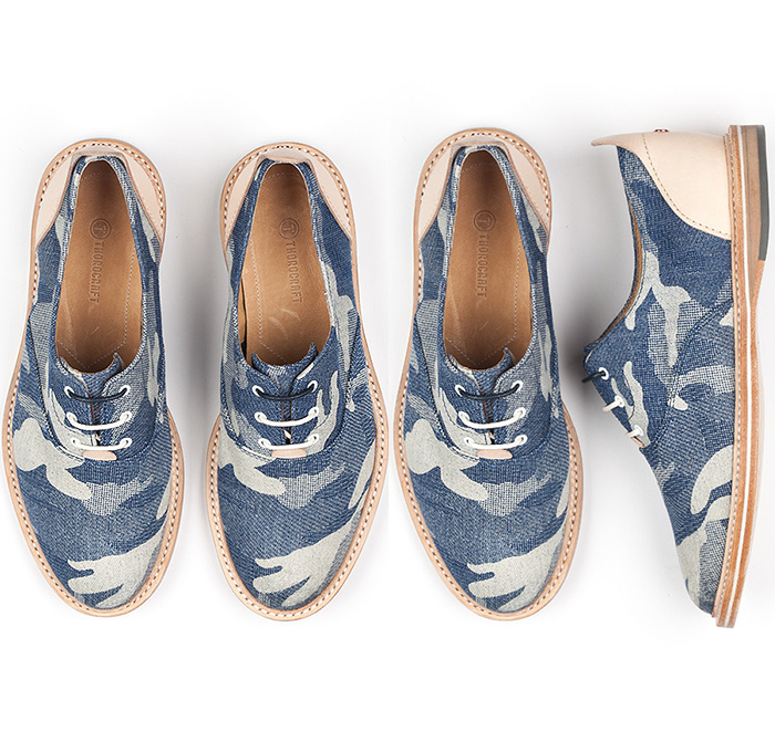 THOROCRAFT The Hampton Mens Denim Cloud Cammo Oxfords Shoes - Lace Up Footwear Camouflage Pattern Woven Cotton Textile Smooth Pigskin Inner Lining Raw Undyed Vachetta Leather Heel EVA Cushioning Signature Copper Rivet - 2014 Spring Summer Fashion Made in Denim Style Finds
