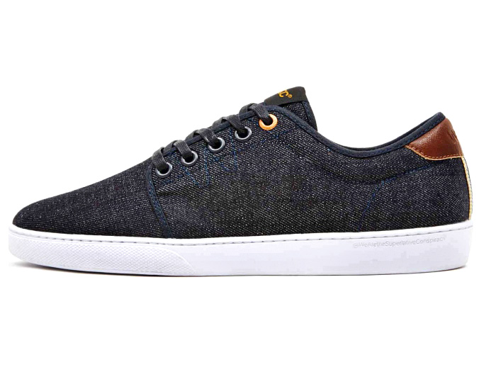 WeSC Mens Edmond Denim Sneakers - Raw Dry Rigid Denim Selvedge Selvage Jeanswear - Low Top Jeans Fabric Shoes Footwear Street Casual Custom Cupsole Gel Heel Woven Tongue Label -  2014 Spring Summer Season Fashion Menswear Collection - Made in Denim Style Finds