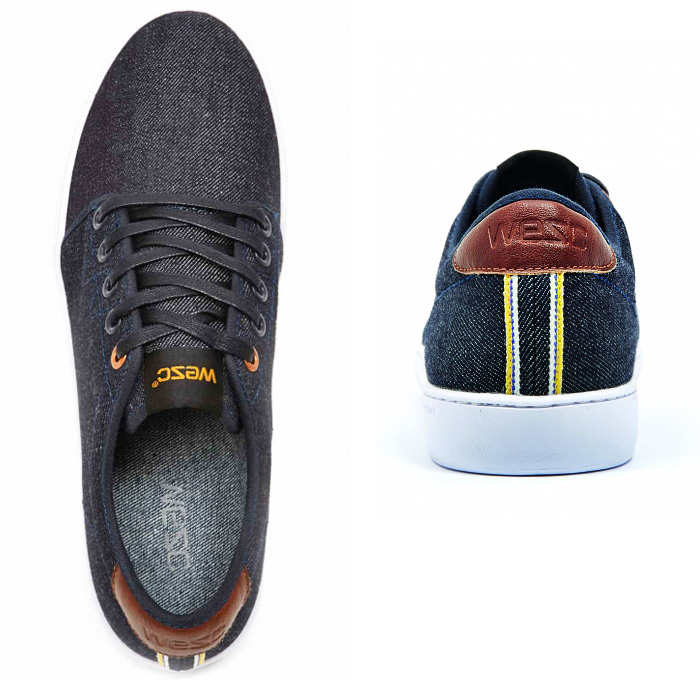 WeSC Mens Edmond Denim Sneakers - Raw Dry Rigid Denim Selvedge Selvage Jeanswear - Low Top Jeans Fabric Shoes Footwear Street Casual Custom Cupsole Gel Heel Woven Tongue Label -  2014 Spring Summer Season Fashion Menswear Collection - Made in Denim Style Finds