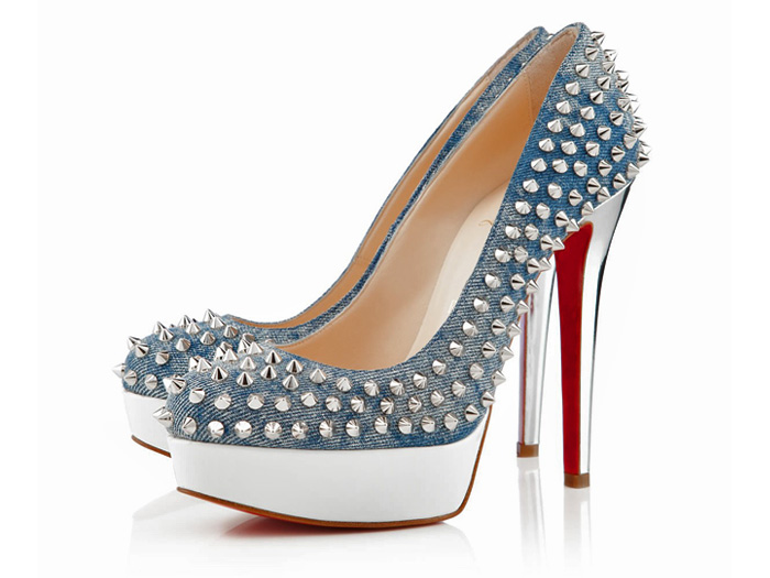 (1) Womens Bianca Spikes Classic Denim Pumps in Silver Metallic Stabs - Christian Louboutin Denim Footwear Picks - Womens & Mens Made in Denim Shoes, Pumps, Platforms, Flats & Loafers: Made in Denim Finds #MadeInDenim #DenimFinds - Accessories, Headgear, Footwear, Shoes, Bags, Toys and Products Made in Denim, Denim Outerwear (coats, parkas, capes, jackets, vests and more), Quirky & Cool Finds