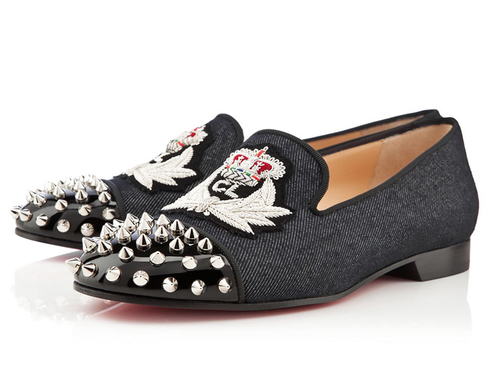 (3) Womens Intern Denim Flats with Embroidered Louboutin Insignia Crest and Metal Studs - Christian Louboutin Denim Footwear Picks - Womens & Mens Made in Denim Shoes, Pumps, Platforms, Flats & Loafers: Made in Denim Finds #MadeInDenim #DenimFinds - Accessories, Headgear, Footwear, Shoes, Bags, Toys and Products Made in Denim, Denim Outerwear (coats, parkas, capes, jackets, vests and more), Quirky & Cool Finds
