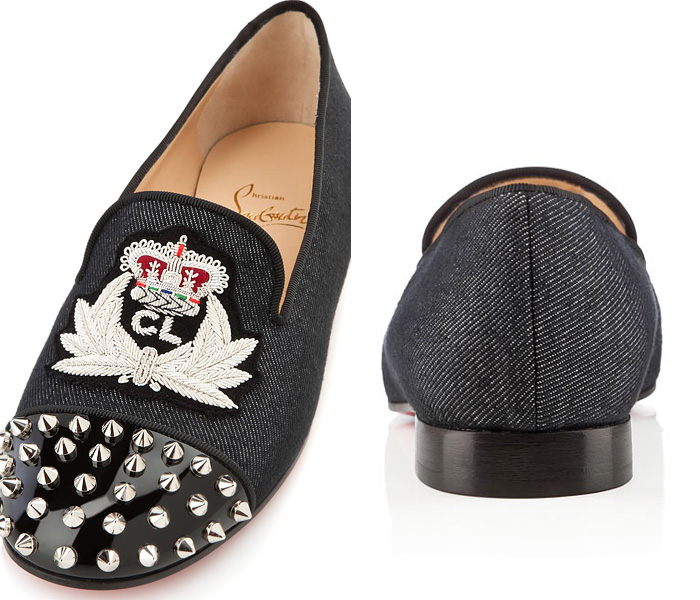(4) Womens Intern Denim Flats with Embroidered Louboutin Insignia Crest and Metal Studs - Christian Louboutin Denim Footwear Picks - Womens & Mens Made in Denim Shoes, Pumps, Platforms, Flats & Loafers: Made in Denim Finds #MadeInDenim #DenimFinds - Accessories, Headgear, Footwear, Shoes, Bags, Toys and Products Made in Denim, Denim Outerwear (coats, parkas, capes, jackets, vests and more), Quirky & Cool Finds
