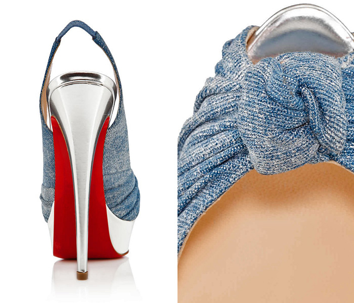 (6) Womens Jenny Knotted Denim Platform High Heel Shoes w Slingback - Christian Louboutin Denim Footwear Picks - Womens & Mens Made in Denim Shoes, Pumps, Platforms, Flats & Loafers: Made in Denim Finds #MadeInDenim #DenimFinds - Accessories, Headgear, Footwear, Shoes, Bags, Toys and Products Made in Denim, Denim Outerwear (coats, parkas, capes, jackets, vests and more), Quirky & Cool Finds