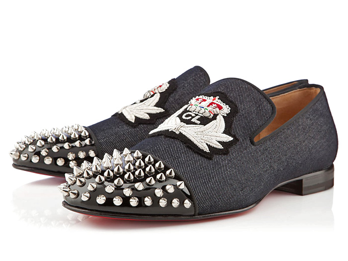 (11) Mens Harvanana Denim Loafer with Embroidered Louboutin Insignia Crest and Metal Studs - Christian Louboutin Denim Footwear Picks - Womens & Mens Made in Denim Shoes, Pumps, Platforms, Flats & Loafers: Made in Denim Finds #MadeInDenim #DenimFinds - Accessories, Headgear, Footwear, Shoes, Bags, Toys and Products Made in Denim, Denim Outerwear (coats, parkas, capes, jackets, vests and more), Quirky & Cool Finds
