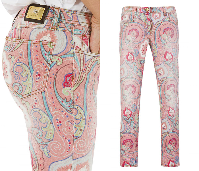 (2) Paisley Graphic Print Pattern Skinny Jeans in Pink - Etro Womens Paisley Print Pattern or Emblem Embroidered Skinny Jeans - Trend Watch: Interesting News, Fashion Forecasts, Color Reports, Fresh New Jeans, Hot Denim Styles, Spotted at the Clothing Rack and Upcoming Trends