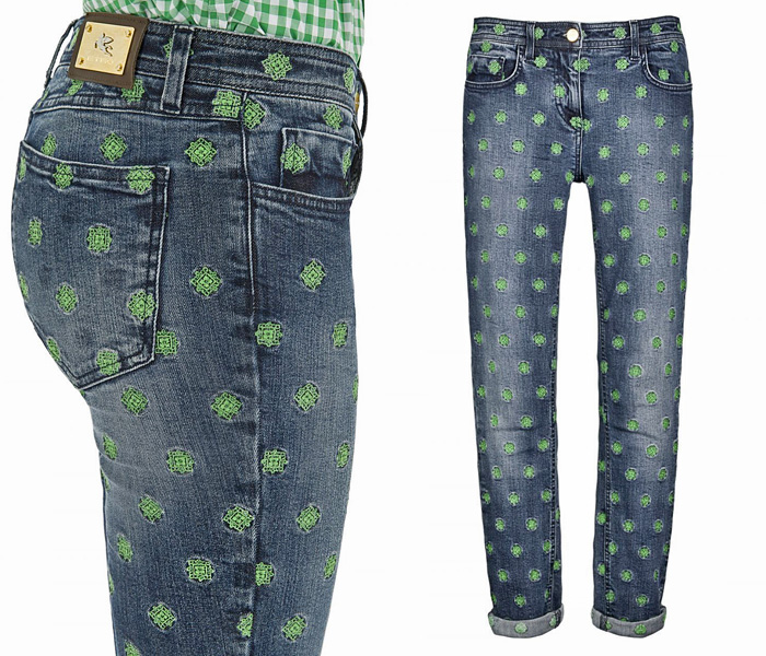 (4) Green Ornamental Emblem Embroidered Skinny Denim Jeans - Etro Womens Paisley Print Pattern or Emblem Embroidered Skinny Jeans - Trend Watch: Interesting News, Fashion Forecasts, Color Reports, Fresh New Jeans, Hot Denim Styles, Spotted at the Clothing Rack and Upcoming Trends