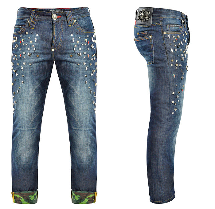 Army Blue - Philipp Plein Mens Straight Cut Conspicuous Studded Denim Jeans - Trend Watch Thursdays Menswear Fashion