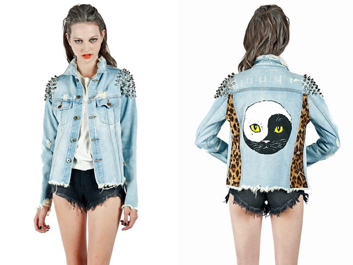 UNIF Womens Cat Denim Jacket w Bullet Spikes, Leopard Panel & Yin Yang Back: Trend Watch: Hot Denim Styles, Upcoming Trends, Spotted at the Clothing Rack & Fresh New Jeans