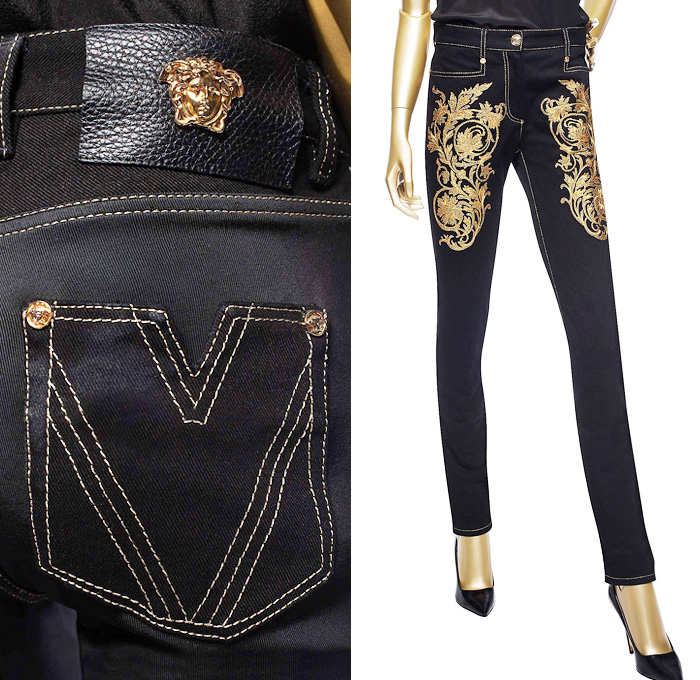 Versace Baroque Gold Embroidered Jeans with V logo Back Pockets and Gold-Tone Medusa Button - 2013-2014 Fall Winter Womens Collection #denimjeanstrendwatch #trendwatchthursdays #twt