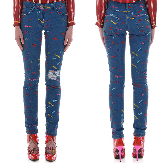 House of Holland Womens Giddy Up Embroidered Scribble Skinny Denim Jeans - 2014 Pre Fall Winter Fashion Season Collection Denim Jeans Trend Watch