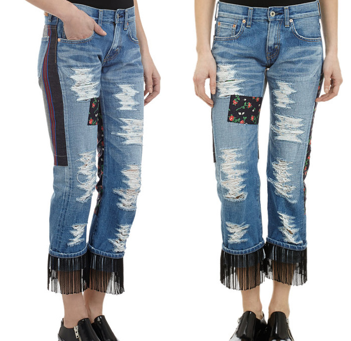 Junya Watanabe Womens Patchwork Quilted Flowers Floral Print Fringe Tassel Trim Ornamental Print Decorative Art Ethnic Folk Pattern Destroyed Ripped Distressed Denim Jeans - 2014 Spring Summer Season Fashion Style Trend Watch