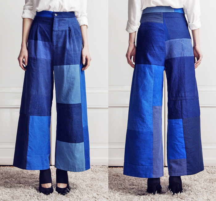 Rodebjer Womens Wide Leg Patchwork Pant Mina Recycled Workwear Blue - Cropped Trousers Palazzo Pants Indigo Blue Shades Retro - 2014-2015 Fall Autumn Winter Season Fashion Collection Denim Jeans Trend Watch