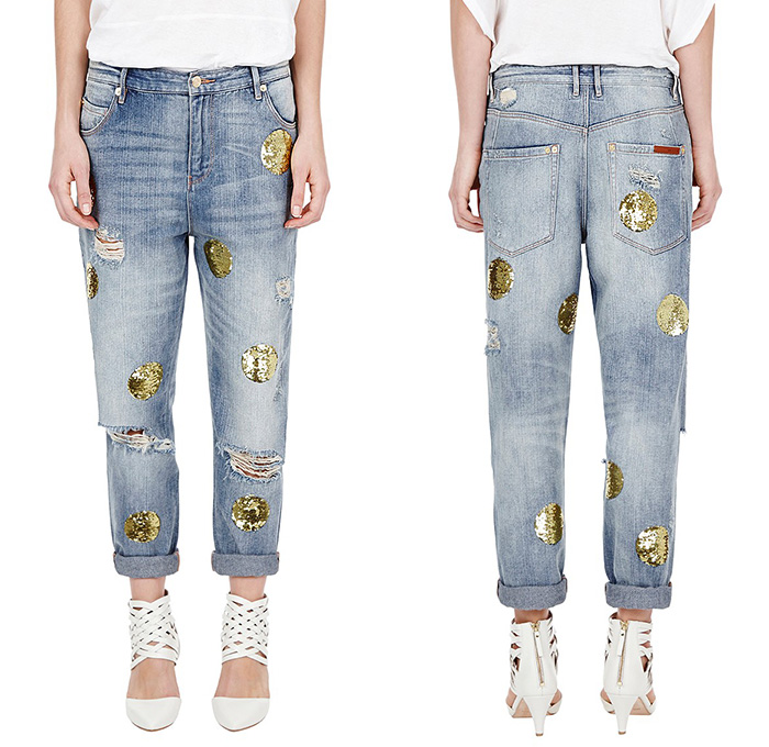 sass + bide Out of Sight Distressed Boyfriend Denim Jeans - 2014 Winter Womens Denim Jeans Trend Watch Southern Hemisphere - Relaxed Fit Boyfriend Jeans Distressed Aged Denim Gold Sequins Spot Embellishment Rolled Hem Fold Up 