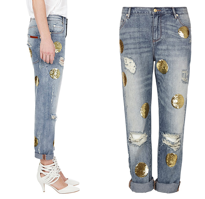 sass + bide Out of Sight Distressed Boyfriend Denim Jeans - 2014 Winter Womens Denim Jeans Trend Watch Southern Hemisphere - Relaxed Fit Boyfriend Jeans Distressed Aged Denim Gold Sequins Spot Embellishment Rolled Hem Fold Up 