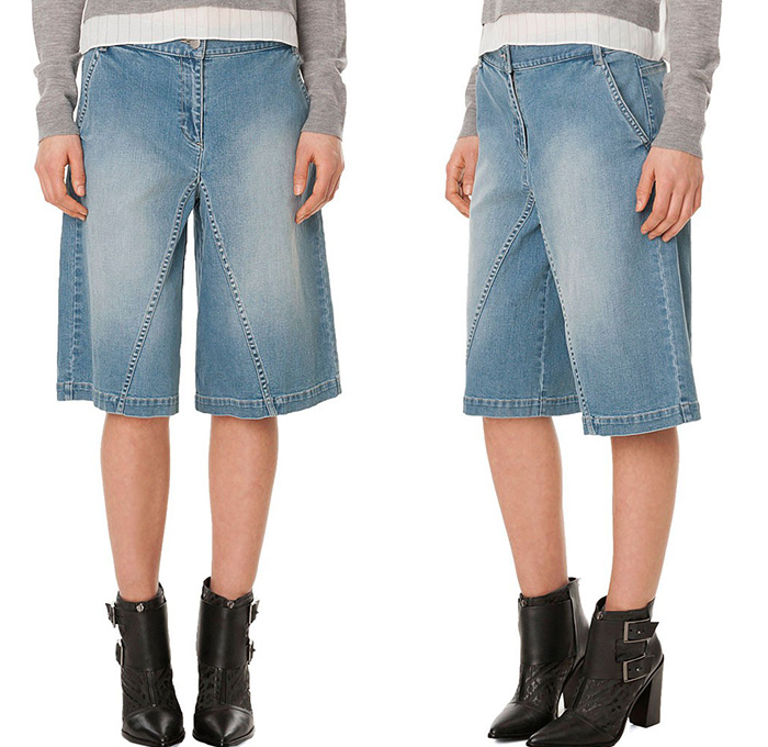 Tibi Womens Flat Front Denim Culotte Front Slash Back Patch Pocket Jeans Shorts - 2014-2015 Fall Autumn Winter Season Fashion Collection Denim Jeans Trend Watch