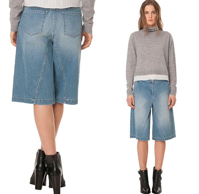 Tibi Womens Flat Front Denim Culotte Front Slash Back Patch Pocket Jeans Shorts - 2014-2015 Fall Autumn Winter Season Fashion Collection Denim Jeans Trend Watch