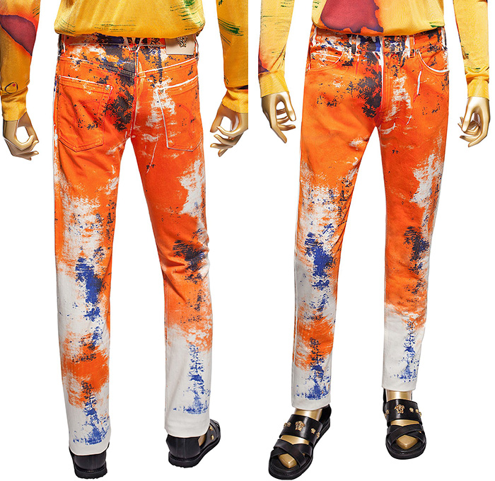 Versace Marilyn By Bert Stern Painted Denim Jeans in Orange Gold or Yellow - Paint Artwork Splatters Spills Brushed Abstract Grunge Over White Jeans - 2014 Spring Summer Mens Denim Jeans Trend Watch Fashion Style