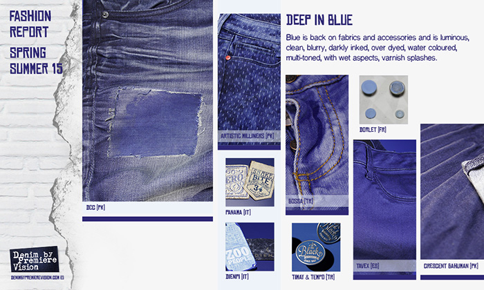 Denim Premiere Vision Fashion Report 2015 Spring Summer - Jeans Fabrics Deep Blue Light Dry Grey Bleached Structured Stretch Eco Friendly Engraved