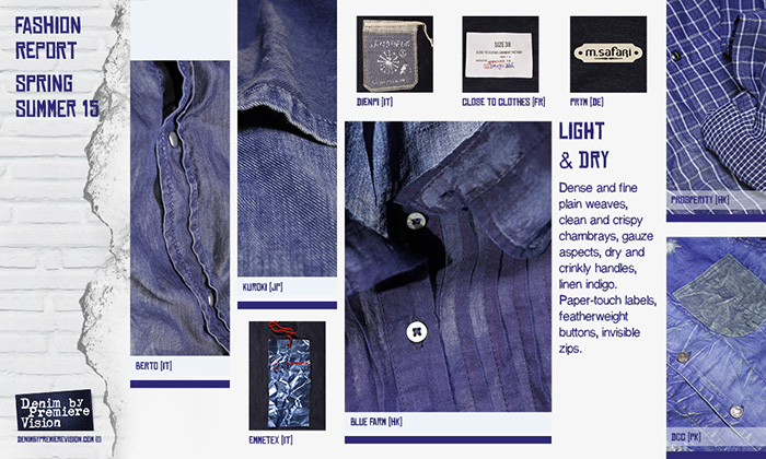 Denim Premiere Vision Fashion Report 2015 Spring Summer - Jeans Fabrics Deep Blue Light Dry Grey Bleached Structured Stretch Eco Friendly Engraved